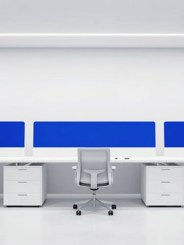 Sleek modern workspace in an architectural office, bright high-key cool white lighting, clean lines, sharp focus, 35mm