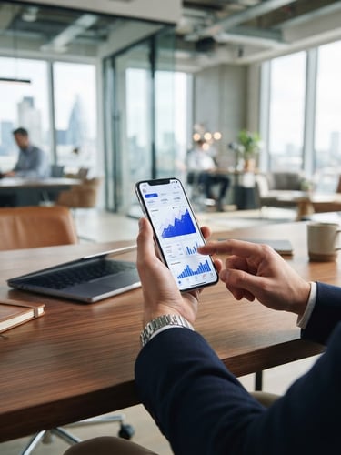 Sleek corporate technology photography of a modern workspace, crisp cobalt blue accents, sharp focus on a high-end mobile interface displaying positive growth metrics in an architectural office, 35mm