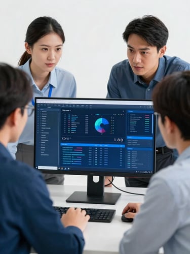Sleek corporate technology photography, bright high-key studio lighting, close-up of a technical team collaborating around a monitor showing live campaign data, crisp cobalt blue accents, sharp focus, 35mm
