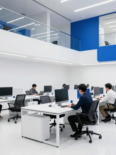 Sharp team collaboration in a modern architectural office, cool white undertones, crisp cobalt blue accents, sleek corporate technology photography, 35mm