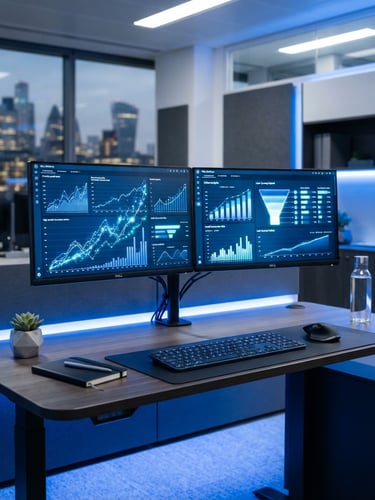 Sleek modern workspace with dual monitors displaying high-growth conversion metrics, crisp cobalt blue ambient lighting, sharp focus, 35mm