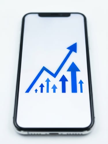 Sleek corporate technology photography, bright high-key studio lighting, close-up of a mobile interface displaying positive growth metrics in cobalt blue, sharp focus, 35mm