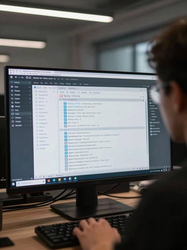 Over-the-shoulder shot of a developer at a wide monitor showing a terminal with build pipeline logs, cool overhead office light, dark IDE environment visible, keyboard in foreground