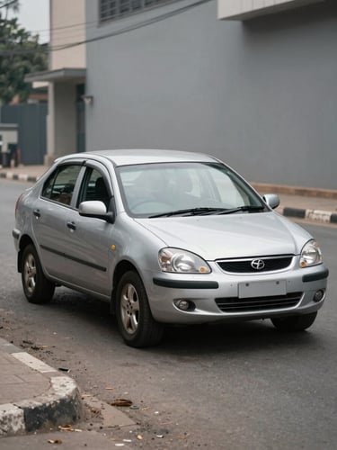 Three-quarter front view of a clean silver saloon car parked on a quiet Accra street, overcast morning light, neutral grey tarmac, low concrete kerb visible, no people, honest finish detail