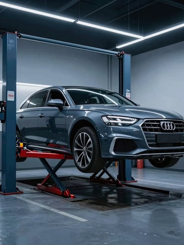 Modern clean workshop bay with a high-end German sedan lifted on a red hoist, cool crisp blue studio lighting, sharp focus, 35mm