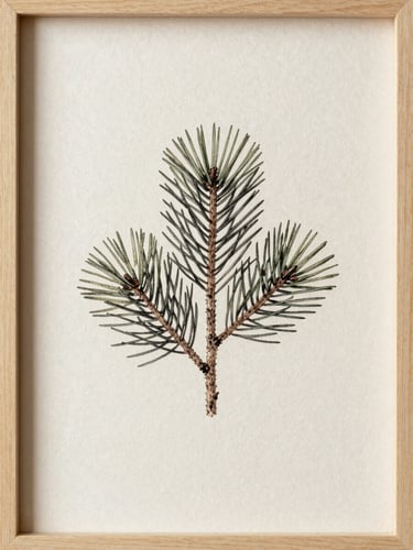 Minimalist fine art photography of a single pine branch illustration on textured Xuan paper, soft natural daylight, simple light wood frame