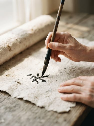 Minimalist fine art photography of hands holding a traditional bamboo brush over raw textured Xuan paper, soft natural daylight from the side, gentle shadows