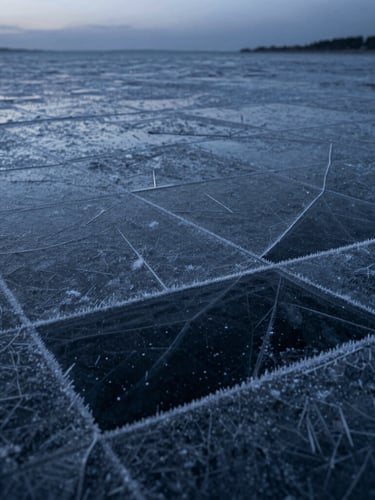 Extreme macro close-up of frosted ice textures, cold blue-hour shadows, geometric crystal patterns, high contrast.