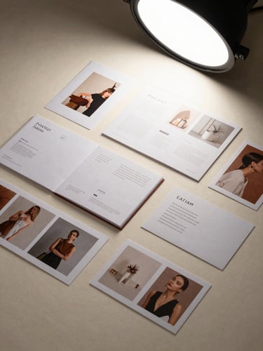 Flat lay of printed and digital design deliverables arranged on a warm off-white surface — brand identity sheets, social templates, and mockup cards overlapping slightly, studio strobe lighting from above, tight overhead crop showing format variety