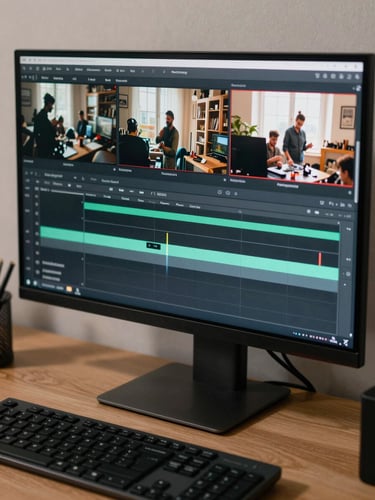 Monitor on a desk showing a video timeline with color-graded footage, natural monitor glow, no supplemental lighting — tight crop on screen and keyboard, production notes visible at edge of frame, editorial workspace feel