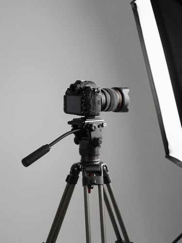 Production still of a product photography setup: camera on tripod aimed at a minimal surface, strobe softbox visible at frame edge, product in sharp focus under daylight-balanced light, cables and grip equipment visible — tight environmental shot showing working set