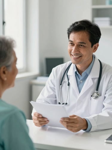A welcoming doctor in a clean white coat discussing test results with an elderly patient in a bright, modern clinic in Anantapur, warm daylight, 35mm