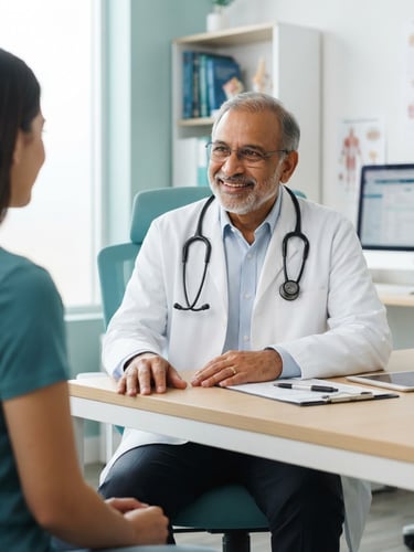 A friendly senior Indian doctor in a clean white coat with a stethoscope, bright clinical photography, soft natural daylight, high clarity, 35mm