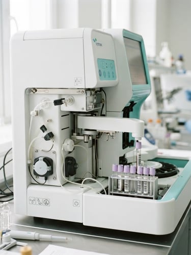Bright clinical photography, close-up of fully automated hematology analyzer in a clean modern laboratory with soft teal accents, diffused natural daylight, 35mm