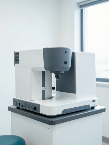 Bright clinical photography of a modern, clean diagnostic clinic interior with state-of-the-art automated lab equipment, soft natural daylight, high clarity