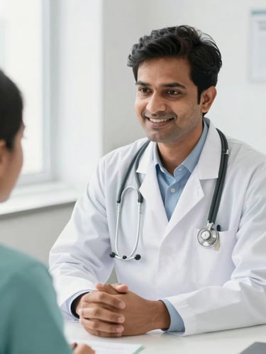 Professional medium shot of a friendly Indian doctor in a clean white coat consulting with a patient in a bright, modern clinic room, soft natural daylight, high clarity