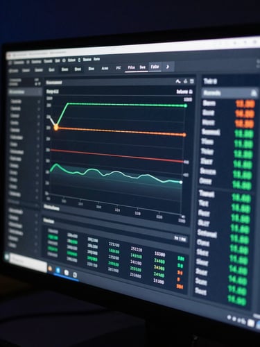 Close-up of a dark-themed settlement dashboard interface on a monitor, showing real-time transaction flow timelines and settlement state indicators, cool screen glow against a deep navy background, precise UI typography visible