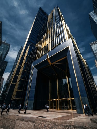 Dramatic architectural perspective of a modern financial court building, sharp gold highlights, high-contrast daylight, editorial corporate photography, 35mm