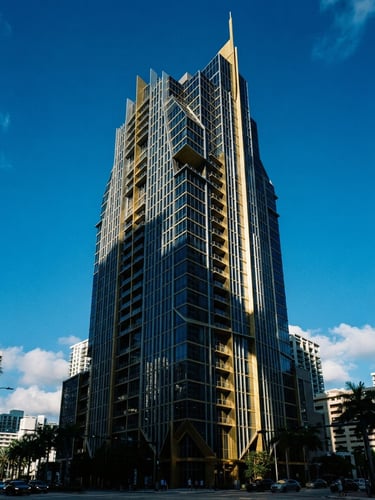 Dramatic high-contrast corporate daylight, sharp architectural details of a Miami financial skyscraper, gold highlights, 35mm editorial corporate photography