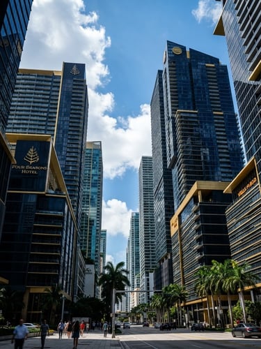 Sharp architectural perspective of Brickell Avenue financial towers in Miami, dramatic high-contrast corporate daylight, deep navy and gold tones, editorial corporate photography