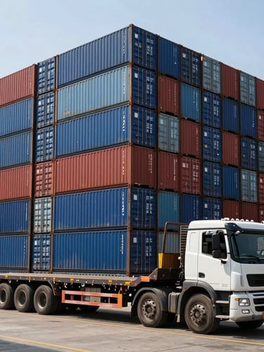 Wide-angle view of Mundra port terminal under harsh midday sun, towering stacks of blue and red shipping containers, a heavy-duty flatbed truck in the foreground, high-contrast industrial utility.