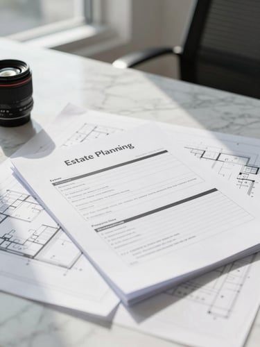 Close-up of structured estate planning documents and architectural blueprint on a clean marble table, crisp details, sunlit office, 35mm lens