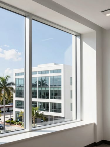 Sunlit modern architectural office window in Orlando, clean lines, high-key natural Florida daylight, 35mm lens