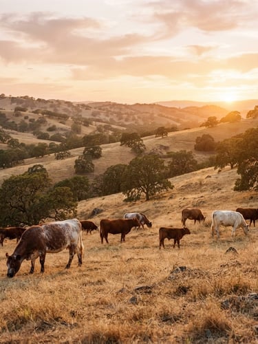 A striking wide-angle landscape of golden California oak-studded hillsides at sunset, with a small herd of Shorthorn cattle grazing peacefully in the foreground, warm golden-hour light, 35mm editorial style