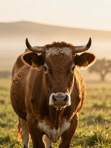 A close-up portrait of a Shorthorn cow in a sun-drenched California pasture, soft morning mist in the background, warm golden-hour light, shallow depth of field, 35mm editorial photography