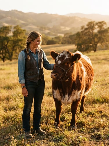 Warm editorial photography of a young rancher standing beside a Shorthorn heifer in a sun-drenched California pasture at golden hour, shallow depth of field, 35mm.