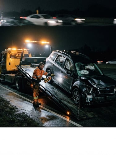 Gritty documentary photography, high contrast, a modern flatbed tow truck loading a damaged SUV at night on a highway, flashing amber lights, cinematic lighting, 35mm