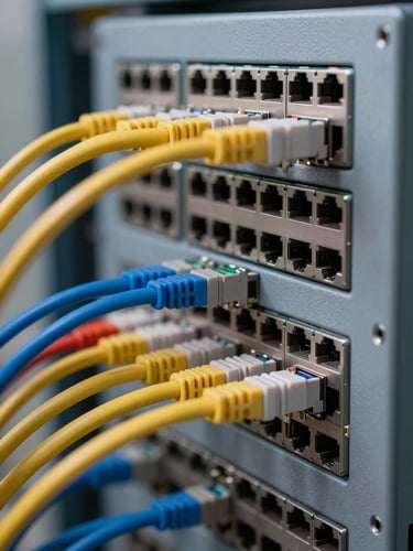 Tight overhead close-up of a network patch panel, dense rows of color-coded Ethernet cables plugged into a structured cabling chassis under cool studio lighting that flattens and clarifies each connector port, shallow depth of field isolating the nearest row in sharp focus