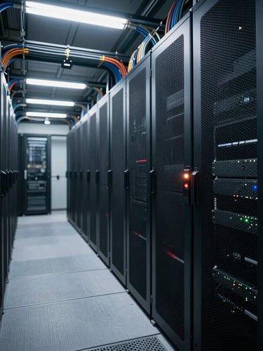 Wide shot of a Hong Kong data center corridor at dawn — rows of server racks receding into cool fluorescent light, cable bundles in precise overhead trays, shallow depth of field isolating a single blinking status indicator in the foreground