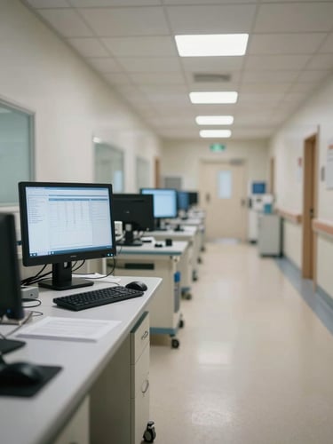 Wide-angle view from the left side of a hospital clinical workstation corridor, monitors displaying patient record interfaces in cool white overhead lighting, shallow depth of field isolating a single active terminal screen in the foreground, institutional linoleum floor and ceiling grid receding into background