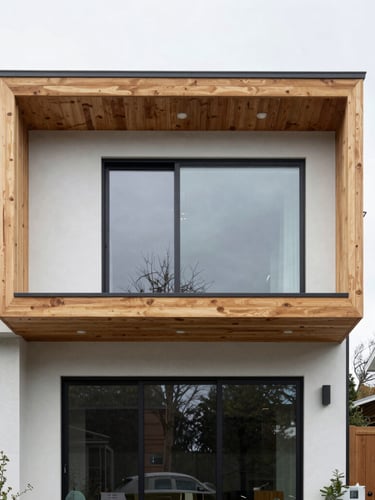 Crisp architectural photography of a modern Seattle home exterior under bright overcast daylight, clean cedar accents, sharp focus, 35mm