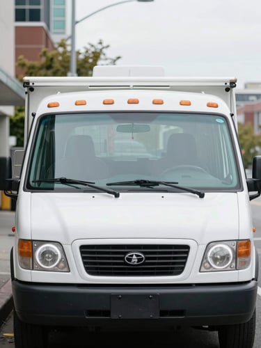 Straight-on medium shot of a clean, organized QingSong service vehicle parked on a Seattle street under bright overcast daylight, 35mm