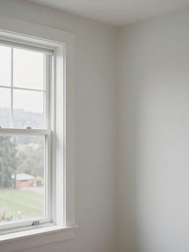 Crisp architectural photography of a freshly painted room with clean edges, natural Pacific Northwest overcast light streaming through a window, 35mm