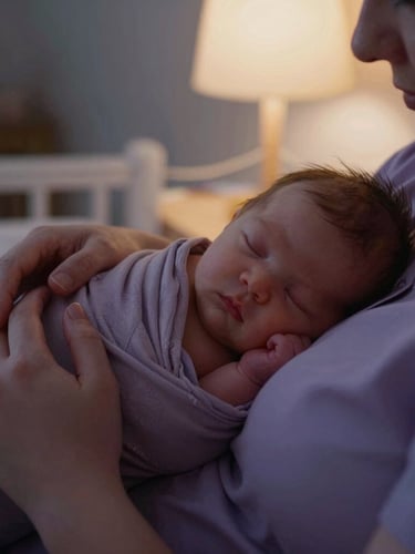Close-up editorial photography of a postpartum doula's hands gently swaddling a sleeping newborn in a dim, warm lamp-lit nursery, soft twilight tones, 35mm