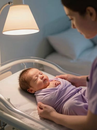 A professional postpartum doula in soft twilight lamp light gently swaddling a sleeping newborn in a calm, organized nursery, warm editorial photography, shallow depth of field, 35mm