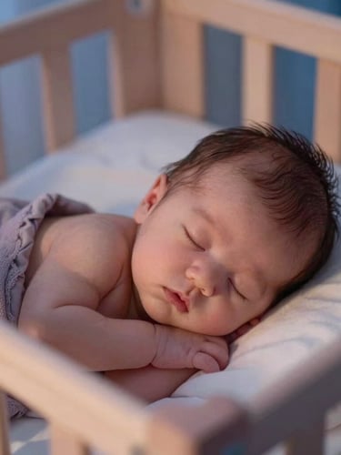 Close-up editorial photography of a newborn peacefully sleeping in a safe wooden crib, bathed in soft twilight lamp light, shallow depth of field, 35mm