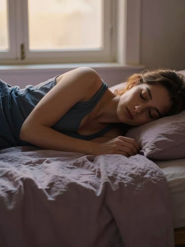 A mother resting peacefully on a sunlit daybed with soft linen sheets, warm golden hour window light, serene atmosphere, 35mm editorial photography