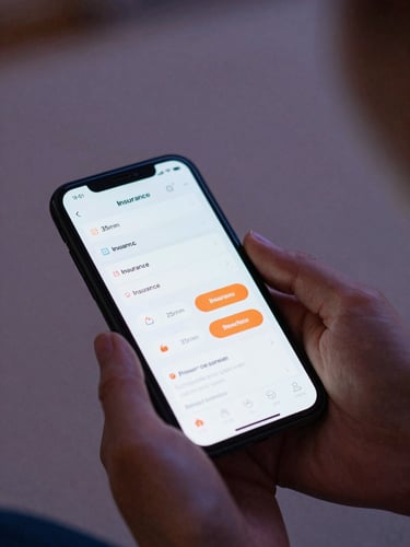 Close-up of hands holding a modern smartphone displaying insurance details, soft warm lighting, shallow depth of field, 35mm