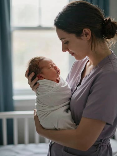 Soft warm window light illuminating a serene nursery, a professional doula gently holding a sleeping newborn in a swaddle, shallow depth of field, 35mm