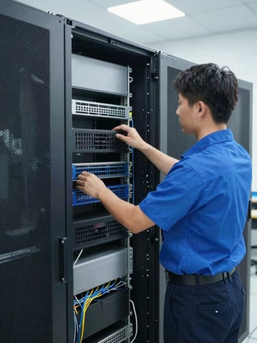 Technician actively working on organized server rack with clean cable management, bright commercial interior lighting, crisp blue and slate tones.