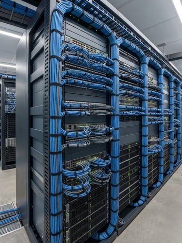 Wide panoramic shot of a meticulously organized server rack with structured blue and grey network cables, illuminated by clean commercial interior lighting, sharp focus on cable management, deep slate and crisp safety-blue tones.