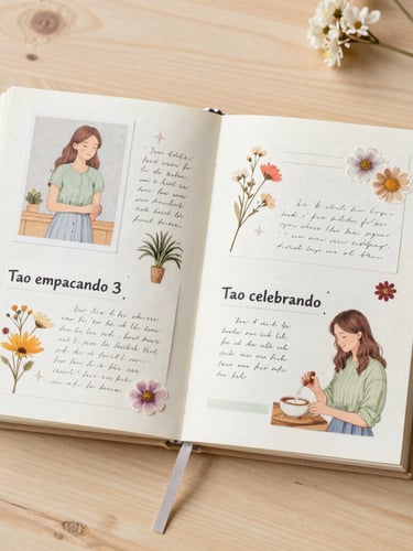 Una composición artística de estilo scrapbook con una ilustración de 'Tao empacando' y 'Tao celebrando', rodeada de elementos de papelería, flores secas y cinta adhesiva, con luz natural suave y fondo de madera clara.