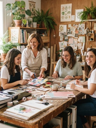 Un retrato cálido y auténtico del equipo de Two Paper Studio en su taller, rodeados de luz natural, plantas y herramientas de diseño, con un toque de scrapbook moderno.