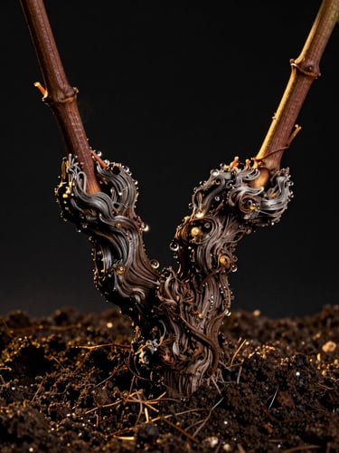 Extreme close-up macro shot of gnarled old grapevines in dark, rich soil under dramatic low-key moonlight, gold accents on the dew drops