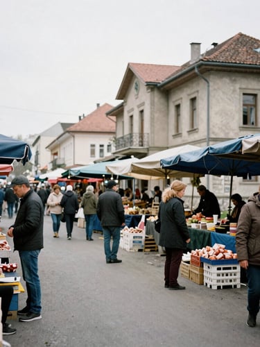 A raw, unedited street scene of an open-air market in Belgrade, locals trading under overcast daylight, desaturated realistic tones.
