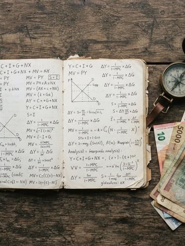 A top-down flat lay of a worn paper notebook filled with handwritten economic equations, a vintage compass, and local paper currency on a rustic wooden table, natural overcast light.